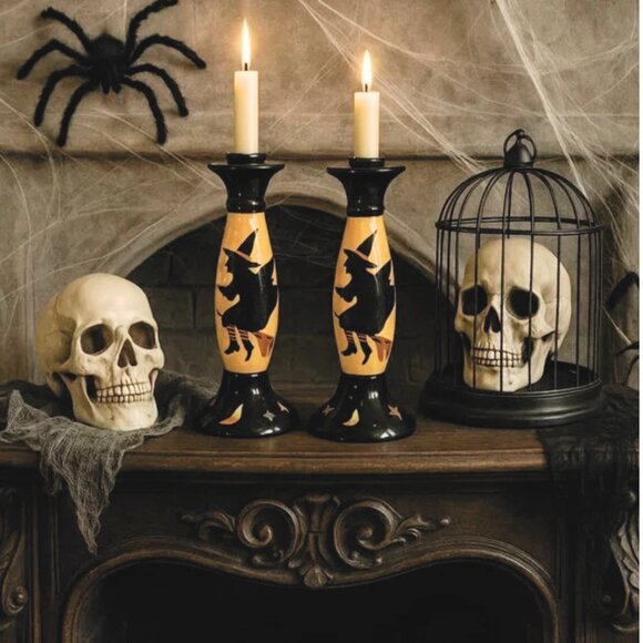 NWT 2 Vintage Susan Winget Halloween Witch Candle Holders Candlestick Holder - Picture 1 of 12